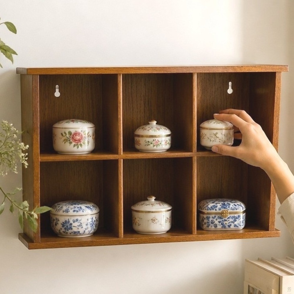 Teak Wood Wall Shelf Display Cubby Shadow Box Mid Century Storage Brown